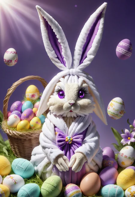 DonMT0w31XL towel, female easter bunny, anthropomorphic hare, colorful eggs, festive clothing and accessories, basket filled with easter eggs, fertility, rebirth, spring, cheerful, interwoven,canopy,innate,collaboration,nocturnal,customs,supportive , purple <lora:DonMT0w31XL-000010:0.8>