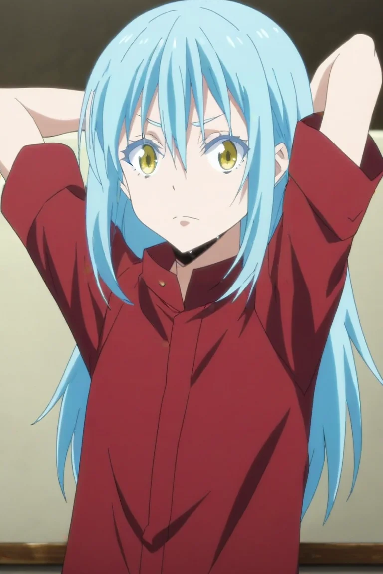 score_9, score_8_up, score_7_up, score_6_up, score_5_up, score_4_up, BREAK source_anime, anime screencap, anime coloring, , looking at viewer, upper body, , 1girl, solo, <lora:rimuru_tempest_pony:0.92>, rimuru_tempest, blue hair, yellow eyes, long hair, bangs, hair between eyes, , , Leaning back with hands behind head, showing relaxation, <lora:sdxl_lightning_8step_lora:1>