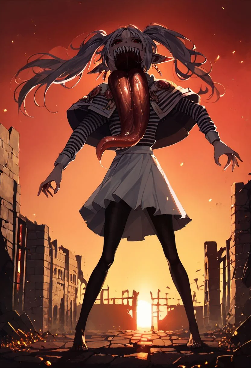 score_9, score_8_up, score_7_up, score_6_up, mimic dark souls monster standing, long tongue saliva, sharp teeth female solo barefoot,
long hair, twintails, grey hair, pointy ears,
shirt, long sleeves, jewelry, pantyhose, earrings, striped, black pantyhose, capelet, striped shirt, skirt, white skirt,
(red sky sunset:1.5), dramatic lighting embers ruins