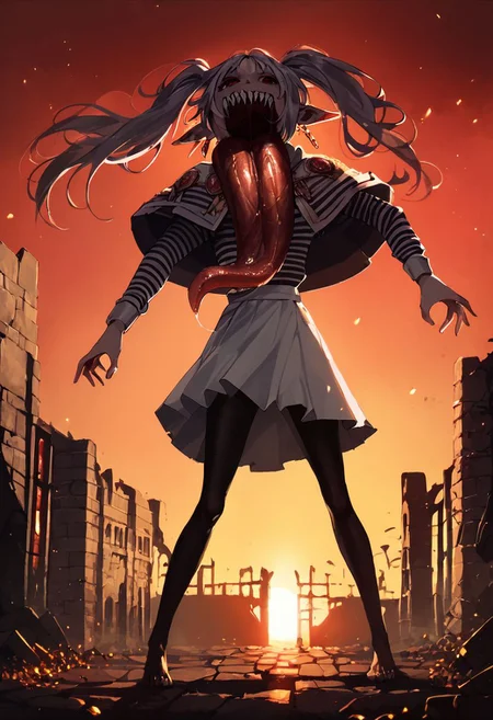 score_9, score_8_up, score_7_up, score_6_up, mimic dark souls monster standing, long tongue saliva, sharp teeth female solo barefoot,
long hair, twintails, grey hair, pointy ears,
shirt, long sleeves, jewelry, pantyhose, earrings, striped, black pantyhose, capelet, striped shirt, skirt, white skirt,
(red sky sunset:1.5), dramatic lighting embers ruins