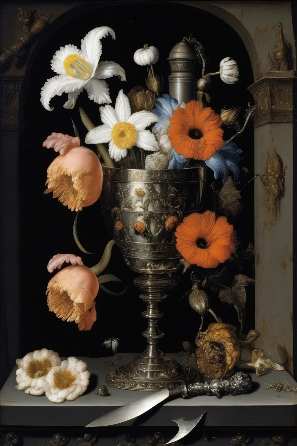 <lora:Pieter Claesz Style:1>Pieter Claesz Style - Dutch Flemish golden age fine art of flowers, a silver goblet with an eye in it, salt chamber, and knife against dark background style of Jacob van Walscapelle