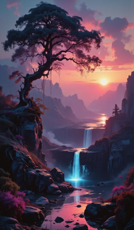 fantasy landscape, sea, giant tree, sunset, reflection, dusk, glowing waterfall, depressing, orb,, (masterpiece:1.2), (epic composition:1.4), (talent:1.2), ultra detailed, cinematic lighting, highly detailed, insanely detailed, (masterpiece:1.2), (epic composition:1.4), (talent:1.2), ultra detailed, cinematic lighting, highly detailed, insanely detailed, (photorealistic:1.2), hdr, 8k, exquisite, sharp, elegant, ambient lighting, fantasy vivid colors, high quality,, abstract glitch,