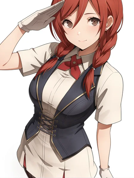 masterpiece,best quality,newest,
1girl,solo,
<lora:t_hibari_b_ilxl_v1.1:1>,t_h_b,red hair,twin braids,brown eyes,
h_clothes,red ascot,white gloves,black vest,white skirt,black_pantyhose,
<lora:Fixhands_anime_bdsqlsz_V1:1>,face_focus,looking_at_viewer,white background,simple_background,from_above,salute,standing,
