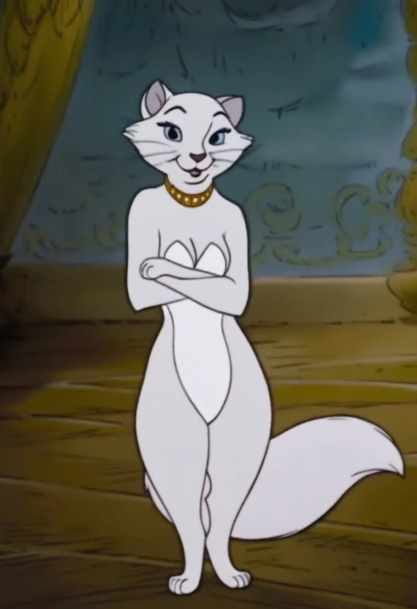 Duchess, Disney, cartoon, 2D, cat, female, white fur, paws, blue eyes, gold jeweled collar, solo, anthro, full body, standing, front view, looking at viewer, seductive, sexy, posing,