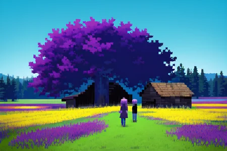(otherworldly), highly insanely detailed, masterpiece, top quality, best quality, highres, 4k, 8k, RAW photo, (very aesthetic, beautiful and aesthetic), farm, fields, barn, fence, fantfa, <lora:FantasyFarm-10:0.6>,
1girl,
(rich purple hair ,colored inner hair,split-color hair,dual-toned hair,two-tone hair),
(pure purple background,pure cyan background ,solid color,solid color background),âââ