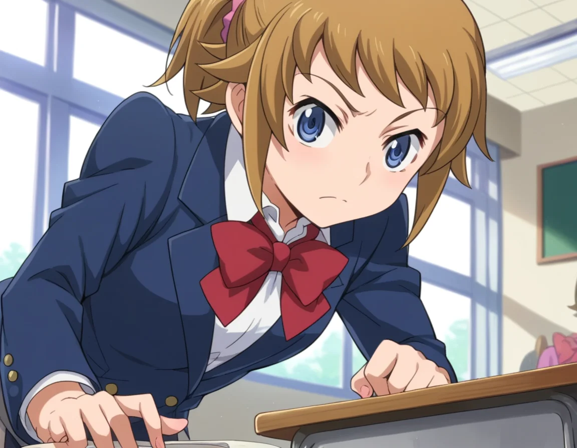 score_9, score_8_up, score_7_up, source_anime,
fuminahoshino, <lora:fumina-hoshino-s2-ponyxl-lora-nochekaiser:1>,
fumina hoshino, hoshino fumina, blue eyes, brown hair, ponytail, scrunchie,
skirt, school uniform, jacket, pantyhose, blazer, bike shorts, shirt, white shirt, collared shirt, bow, red bowtie,
indoors, classroom, bent over,
looking at viewer, dutch angle, cowboy shot,