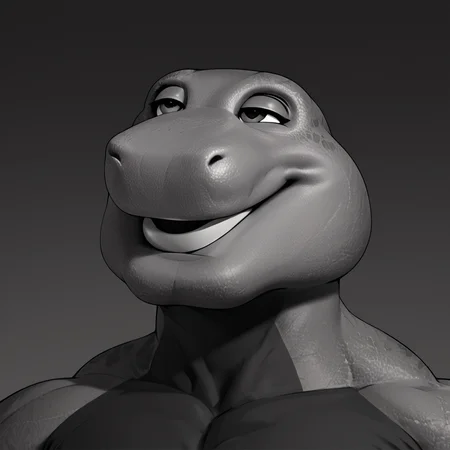 score_9, score_8_up, score_7_up, score_6_up, source_cartoon, BREAK, 1boy, barney the dinosaur, gigachad, black and white, smile, looking up, chiseled jawline, muscular, 2D <lora:Barney_the_Dinosaur:1> <lora:gigachad:1>
