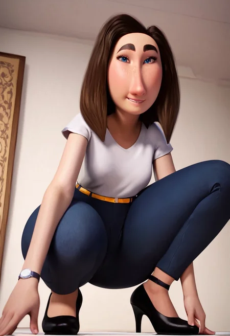 sarah (meetmyfamily), 1girl, long face, blue eyes, thick eyebrows, freckles, brown hair, medium hair, bob cut, white tucked in shirt, short sleeves, yellow belt, tight blue jeans, black high-heels, grey wristwatch, curvy, wide hips, thick thighs, score_8_up, score_7_up, BREAK, 1girl, solo, cute, from below, head tilt, crouching, ninja pose, looking at viewer, detailed background, 4k, masterpiece, best quality, highly detailed, realistic, low-angle shot, realistic, 3d, horny, smiling, biting lips,