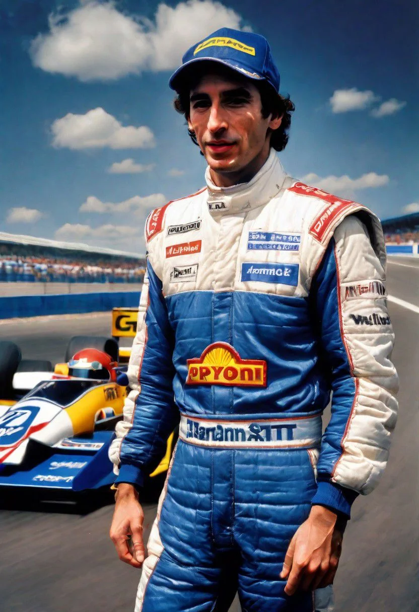 create a realistic, high quality portrait image of 1980s, Ayrton Senna, head and shoulders, Grand Prix,racing driver, racetrack,outdoors,sky blue,day, facing viewer, cloud, blue sky,_p_style, car Williams RacingTeam formula 1, wearing blue Williams Team Racing fire suit, barriers, <lora:VintagePPXL:1>, (masterpiece, best quality, ultra-detailed, best shadow), high contrast, (best illumination), ((cinematic light)), colourful, hyper detail, dramatic light, intricate details, ultra detailed artistic photography, lit from front ultra high definition, 8k, ultra sharp focus, ultra high quality, soft lighting, film photography, analogue photography, hyperrealism, no racing cars, spell Williams, include Ford logo, Brazil logo,