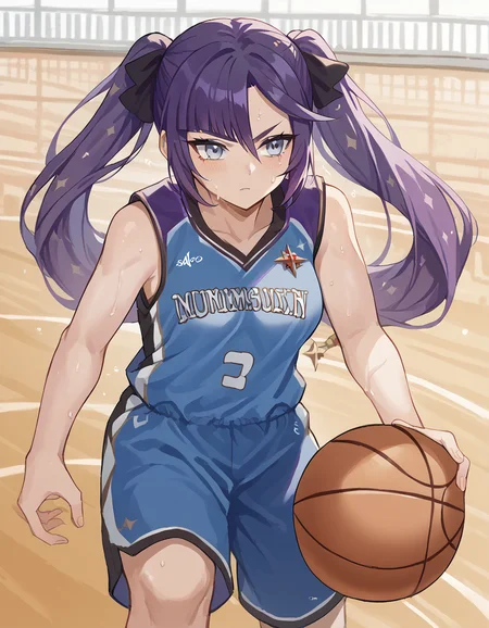 score_9, score_8_up, score_7_up, source_anime, <lora:mona-megistus-ponyxl-lora-nochekaiser:1>, mona megistus, long hair, bangs, hair between eyes, twintails, purple hair, medium breasts, <lora:basketball-dribbling-ponyxl-lora-nochekaiser:1> basketball dribbling, dribbling (basketball), basketball, basketball (object), basketball court, playing sports, ball, sweat, steam, running,, <lora:basketball-uniform-ponyxl-lora-nochekaiser:1> basketball uniform, basketball jersery, sportswear, jersey, shorts, sleeveless,, cowboy shot,
