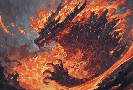 score_9, score_8_up, score_7_up, score_6_up, score_5_up, score_4_up, giant fire (dragon) god portrait, covered in flames, bright red colored scales, glowing eyes, brutal, scorched land of fire and lava behind, semi-relistic style, w4t3rc0l0ur