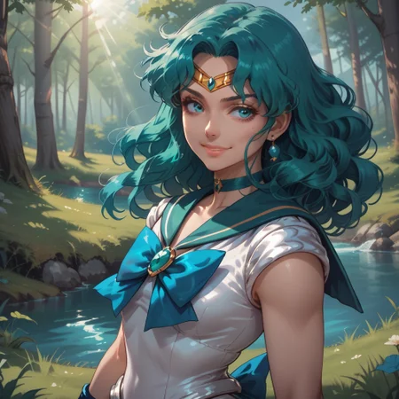 score_9, score_8, BREAK, solo, sailor neptune,1girl,medium hair,teal hair,curly hair,earrings,sailor senshi uniform,blue eyes,teal choker,tiara,teal sailor collar,blue bowtie,white shirt,elbow gloves,white gloves, pleated skirt, teal miniskirt, sexy pose, self portrait, smile, outdoors, sunlight, shadows, evening lighting, natural lighting, forest, trees, grass, orange sky, sunset