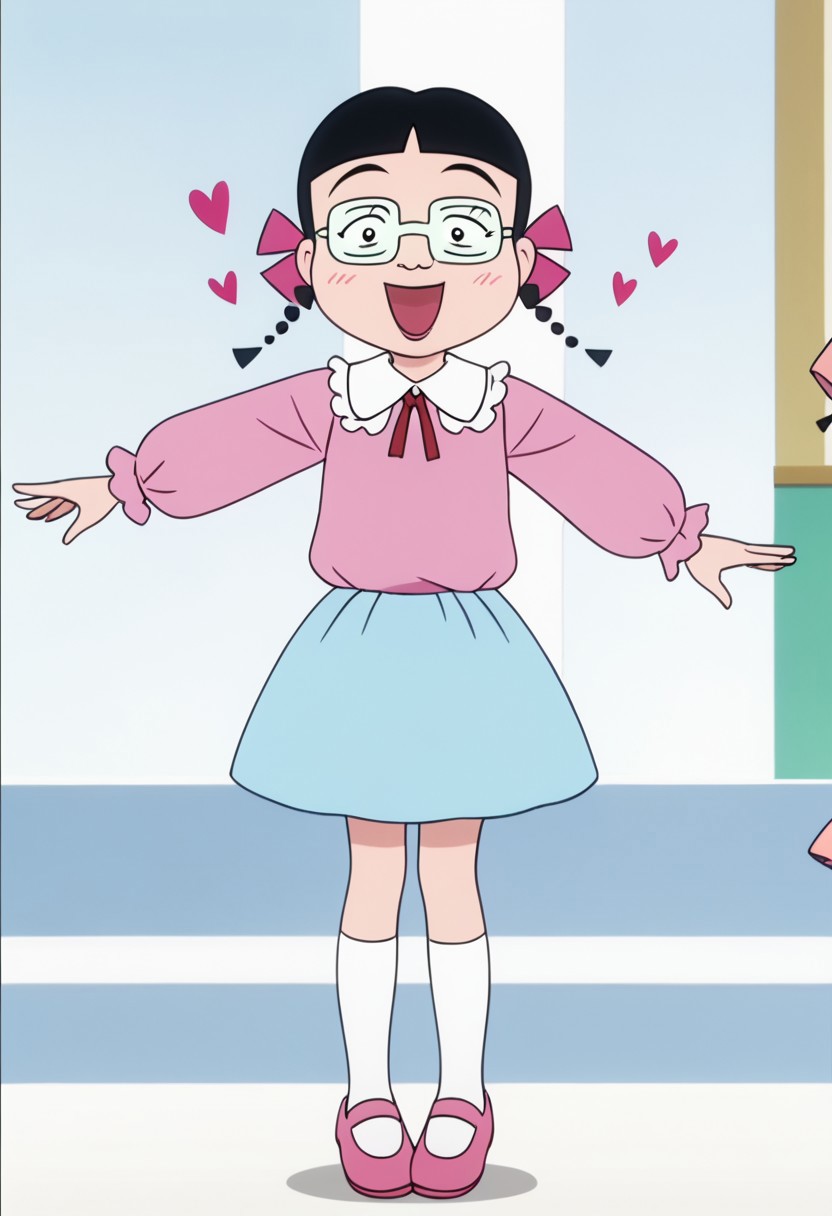 score_9, score_8_up, score_7_up BREAK MigiwaSan, 1girl, black hair, black eyes, blunt bangs, braided pigtails, pink ribbons, square crystal glasses, pink lipstick, white-collared pink long-sleeved shirt, light blue skirt, white socks, pink mary-jane shoes, solo, solo focus, female, female focus, full body, screenshot, official art, parody, anime footage, official design, screencap, anime screenshot, official screenshot, 2d, anime, source_anime, smiling at viewer, hearts everywhere, heart lovely background, blushing, dancing happily,
