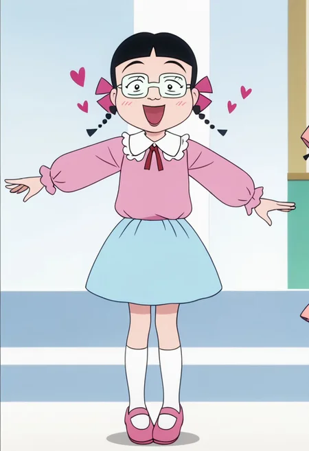 score_9, score_8_up, score_7_up BREAK MigiwaSan, 1girl, black hair, black eyes, blunt bangs, braided pigtails, pink ribbons, square crystal glasses, pink lipstick, white-collared pink long-sleeved shirt, light blue skirt, white socks, pink mary-jane shoes, solo, solo focus, female, female focus, full body, screenshot, official art, parody, anime footage, official design, screencap, anime screenshot, official screenshot, 2d, anime, source_anime, smiling at viewer, hearts everywhere, heart lovely background, blushing, dancing happily,
