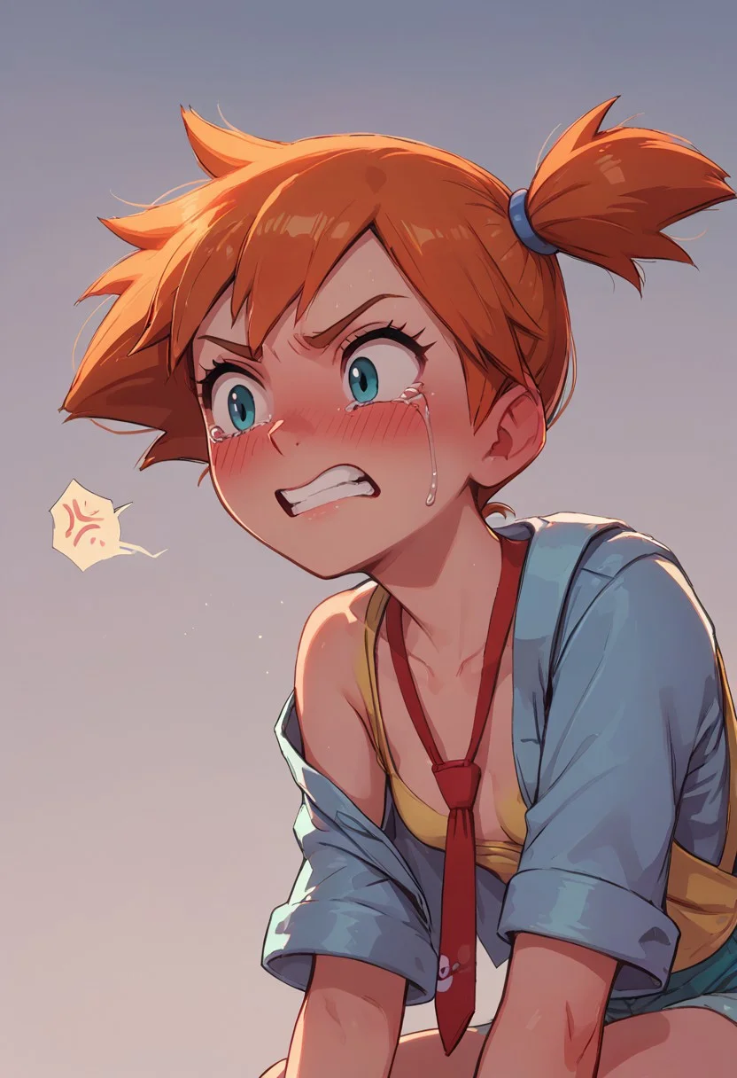 score_9, score_8_up, score_8, 1girl, solo, perfect face, small breasts, Pokemon Trainer misty, misty \(pokemon\, shy, on her knee, refined, volumetric lighting, cinematic lighting, blank background, close up, removed pantie, crying, heavy blush, scared, arms over tits, angry, scared, her clothes on the ground, hiding her tits, hand on her tits
