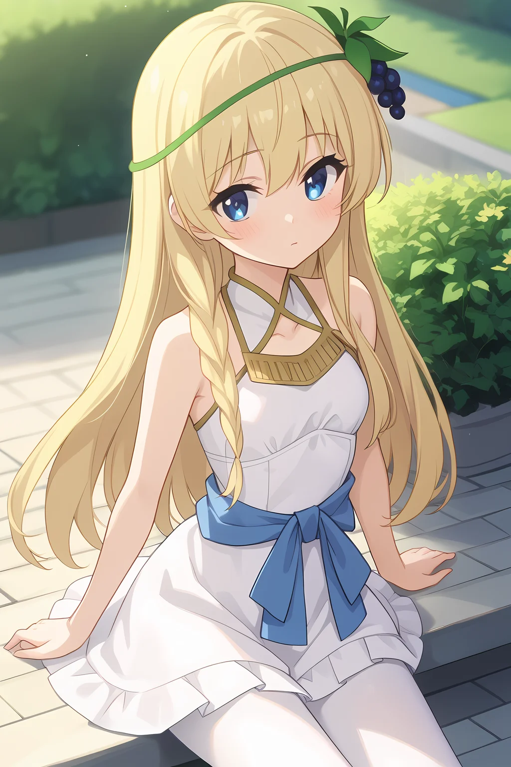 (long white dress blue waist ribbon white pantyhose:1.40), ks-iris, blonde hair, long hair, blue eyes, hair ornament, necklace, 1girl, solo, skinny, score_9, score_8_up, score_8, score_7_up, score_7, score_6_up, score_6, score_5_up, score_5, source_anime, (blush:1.10), sunset outdoors, (:1.20), (:1.20), , <lora:ks-iris-V01-000003:0.80> small breasts