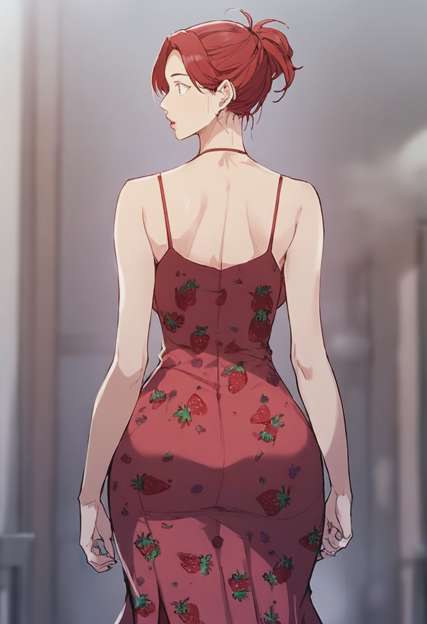 source_anime, score_9, score_8_up, score_7_up, 1girl, mature_female, large_breasts, open eyes, portrait, solo, Walking with a spring in the step, from_behind, (Raspberry armored dress), Strawberry Red hair, upper_body, rating_safe, <lora:pony\artist_styles\minachan_pony:0.9>