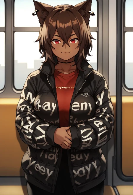 score_9, score_8_up, score_7_up, score_6_up, score_5_up, score_4_up, BREAK, solo, cowboy shot, smile, subway,
<lora:bastetv1-000023:1>, bastethoutengeki, dark-skinned female, cat ears, red eyes, short hair, hair between eyes, brown hair, huge breasts,
 ear piercing, <lora:attire_dripjacket_ponyXL:1> dripjacket, own hands together