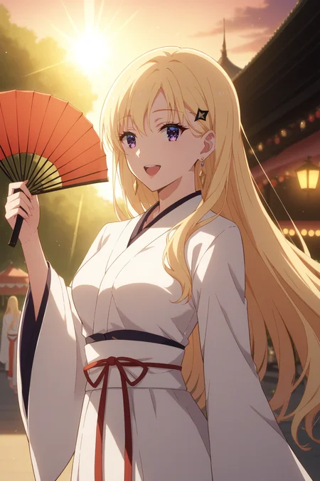 score_9, score_8_up, score_7_up, source_anime, 1girl, prefect lighting, very aesthetic, intricate details, highly detailed background, masterpiece, high quality, prefect hands, best quality, solo,
<lora:Saki_Ayase_Days_with_My_Stepsister_V1:.85>, KJOsaki, blonde hair, purple eyes, long hair, hair ornament, earrings, sidelocks,
hanfu, white dress, long sleeves, wide sleeves, white sash,
festival, outdoors, standing, seductive smile, parted lips, holding fan, ojou-sama pose, open mouth, laughing, sunset, backlighting, light rays,
(Beautiful, medium Breasts:1.2), natural breasts,