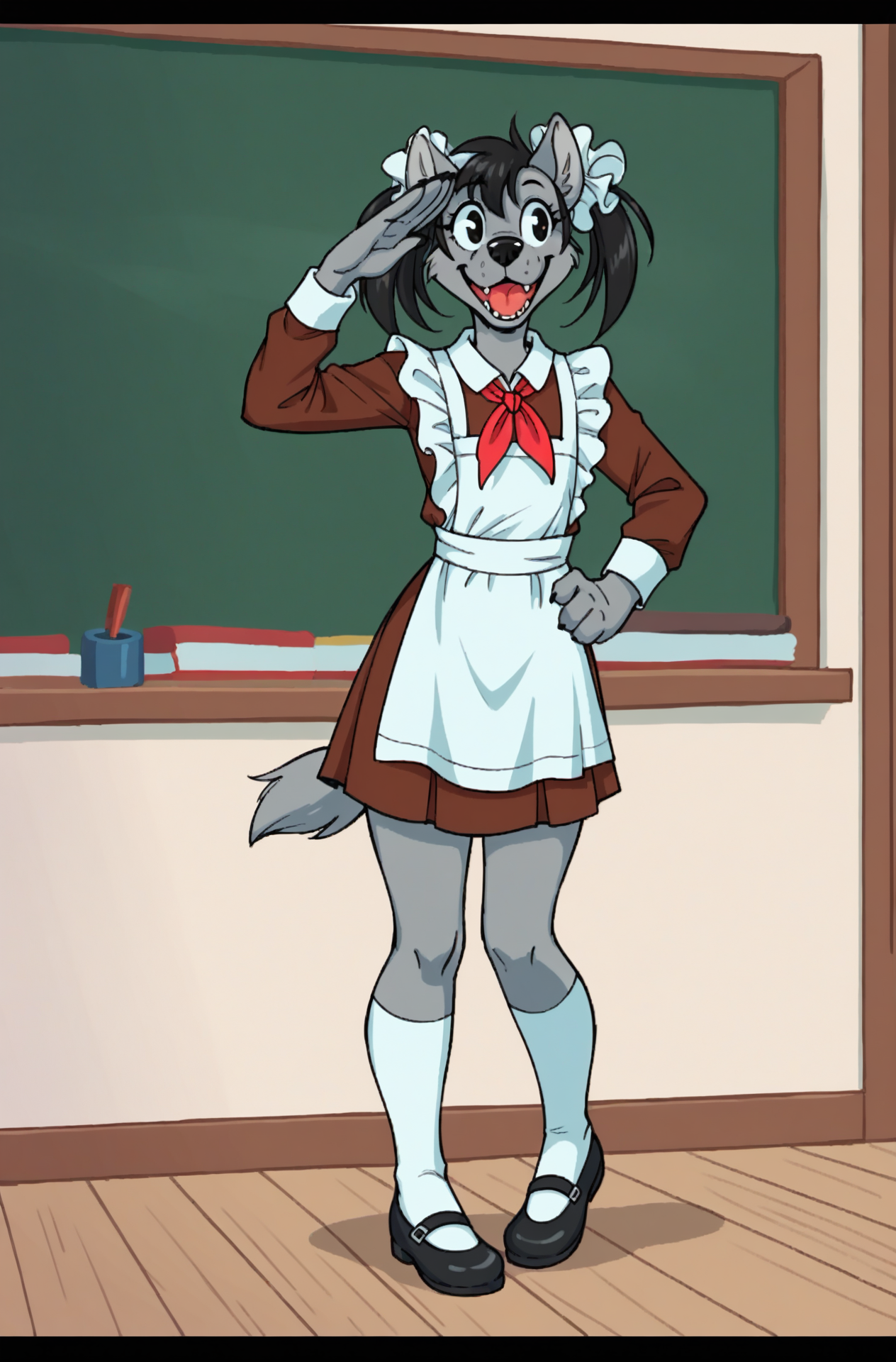 score_9, score_8_up, score_7_up,  canine furry wolf character ith gray fur, anthro character, furry female, 1girl,Soviet schoolgirl uniform, frilled apron, frilled hair scrunchie, red neckerchief, blond, twintails, school blackboard, salute, happy, open mouth, white socks, shoesthick thighs, , wide hips <lora:volk:1>  <lora:Soviet_Schoolgirl_Uniform:0.7>