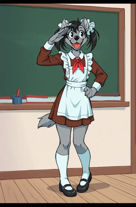 score_9, score_8_up, score_7_up, canine furry wolf character ith gray fur, anthro character, furry female, 1girl,Soviet schoolgirl uniform, frilled apron, frilled hair scrunchie, red neckerchief, blond, twintails, school blackboard, salute, happy, open mouth, white socks, shoesthick thighs, , wide hips <lora:volk:1> <lora:Soviet_Schoolgirl_Uniform:0.7>