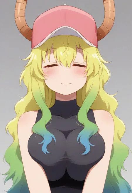 source_anime BREAK solo, 1girl,female, lucoa, blonde hair, blue hair, dragon girl, gradient hair, green hair, hair between eyes, horns, horns through headwear,pink hat, hair over eye, black tight tanktop,,closed eyes,<lora:Elbow_Squeeze__Concept_Lora-000007:1>,
