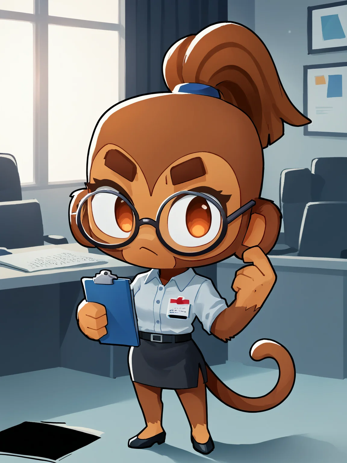score 7 up,score_6_up,office, highres,solo,chibi, dramatic lighting,patch,round glasses,clipboard,office lady,ponytail,shadow,<lora:btd6.v2:0.8>,furry, monkey, btd6, no nose, tail,1girl,