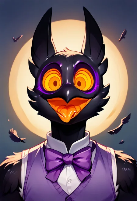 Barnaby, 1boy, yellow eyes, orange sclera, black body, long neck, feathers, bird feet, winged arms, bird tail, black beak, purple vest, sleeveless, purple bowtie, orange tongue, avian, furry, anthro, ghost, owl, spirit, digitigrade, no humans, no pants, perfect body, solo, (insanely detailed, beautiful detailed face, masterpiece, cinematic lighting, detailed hands, detailed face, best quality), (sharp), score_9_up, score_8_up, score_7_up, score_6_up, highest quality, 8K, RAW photo, source_anime, perfect face, perfect hands, upper body