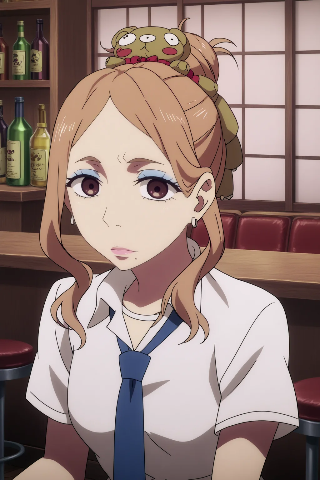 mayu arita,1girl,solo,jewelry,earrings, mole under mouth,mole,necktie,shirt,blue necktie,white shirt,makeup, looking_at_viewer, lipstick, single hair bun,school uniform,wrist scrunchie,scrunchie sit,on chair,chair, BREAK indoors,bar with alcohol,bar,purple light,gothic_architecture, low light <lora:Mayu_Arita_-_Death_Parade.safetensors:1> <lora:detailed_backgrounds_v2.safetensors:0.6>,