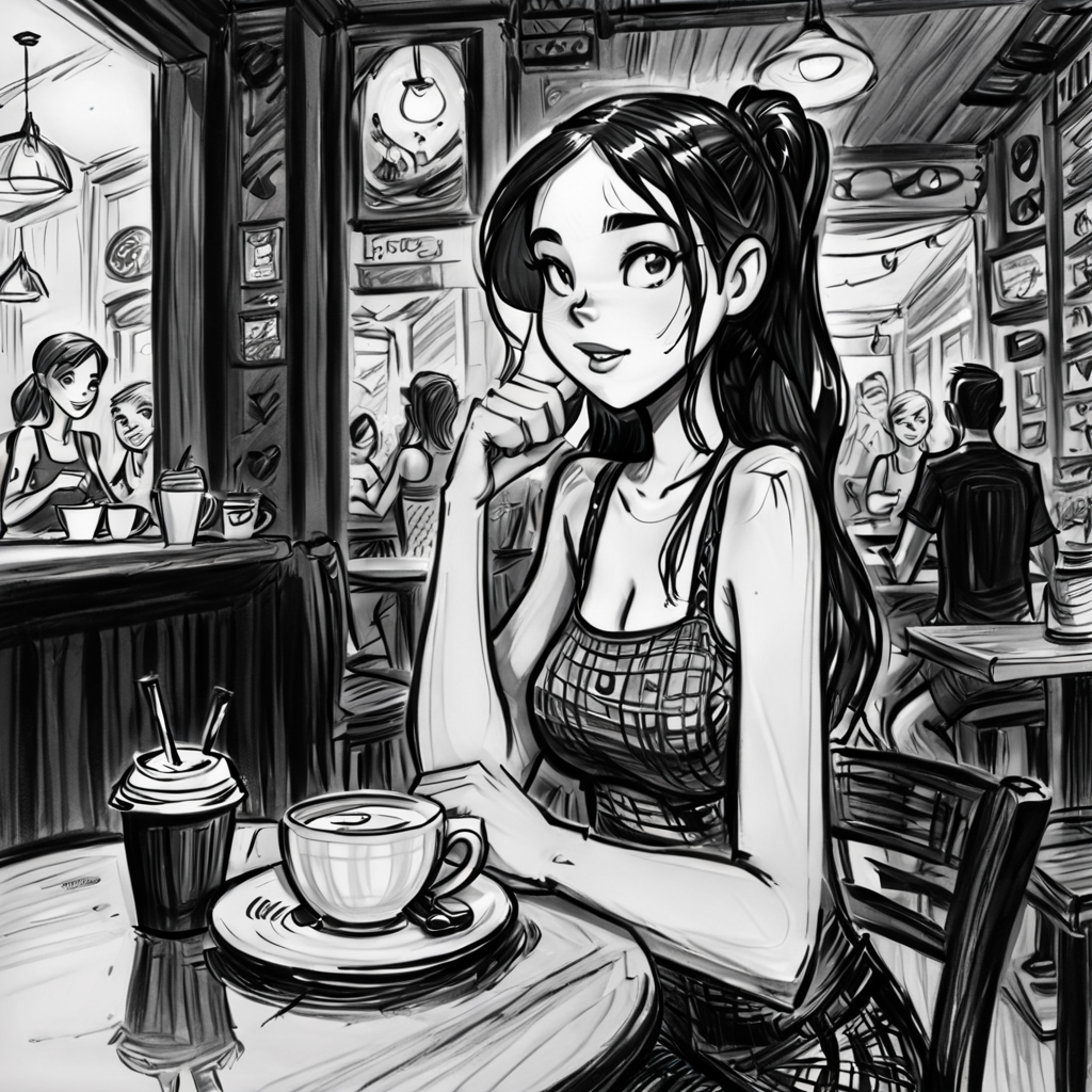 drawix18 girl in a cafe, darkness, black ink, very detailed <lora:drawix18:0.8>