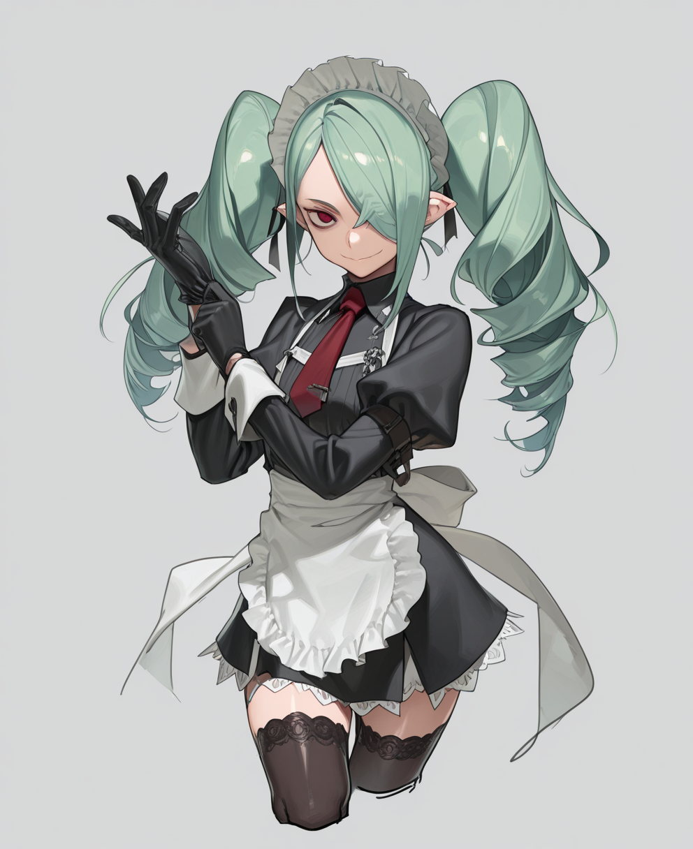<lora:amrkdrw:1> amrkdrw,
(masterpiece), (best quality), (ultra-detailed), amazing quality, very aesthetic, illustration, perfect composition, intricate details, absurdres, incredibly absurdres, shiny skin, realistic,
 amrkdrw, solo, 1girl, pointy ears, hair over one eye, long hair, juliet sleeves, apron, cropped legs, drill hair, red eyes, gloves, maid, long sleeves, smile, puffy sleeves, thighhighs, looking at viewer, red necktie, frills, simple background, white background, dress, black dress, maid headdress, necktie, twintails, green hair, white apron, adjusting gloves, maid apron, twin drills, sensitive