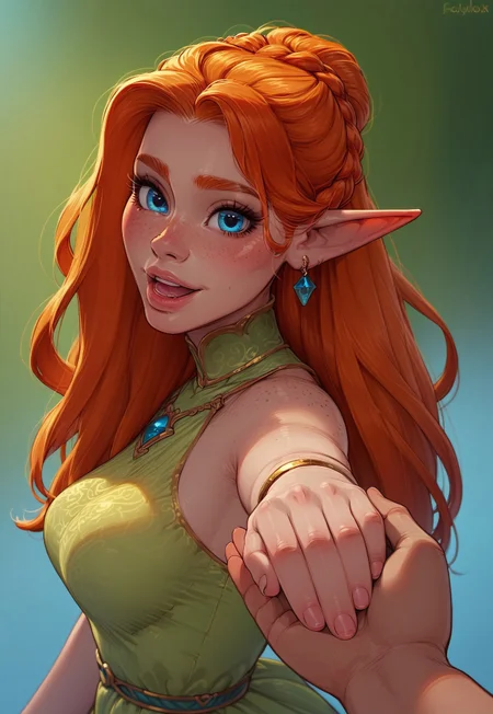 safe_pos, (score_9, score_8_up, score_7_up, score_6_up, score_5_up, score_4_up), source_cartoon, 1girl, sexy, elf mage, blue eyes, french braids, ginger hair, earrings, freckles, body freckles, detailed face, hourglass body, holding hands, solo focus, pov hands, out of frame, from side, open mouth, happy, looking at viewer heart, dress