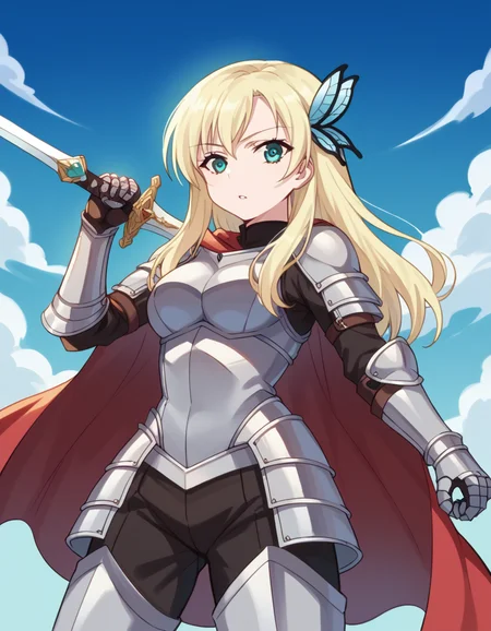 score_9, score_8_up, score_7_up, source_anime, <lora:sena-kashiwazaki-s2-ponyxl-lora-nochekaiser:1>, sena kashiwazaki, long hair, blonde hair, hair ornament, aqua eyes, butterfly hair ornament,, <lora:knight-ponyxl-lora-nochekaiser:1>, knight, armor, cape, sword, weapon, holding weapon, shoulder armor, gauntlets, helmet, pauldrons, red cape,, blue sky, clouds, from below, parted lips, looking at viewer
