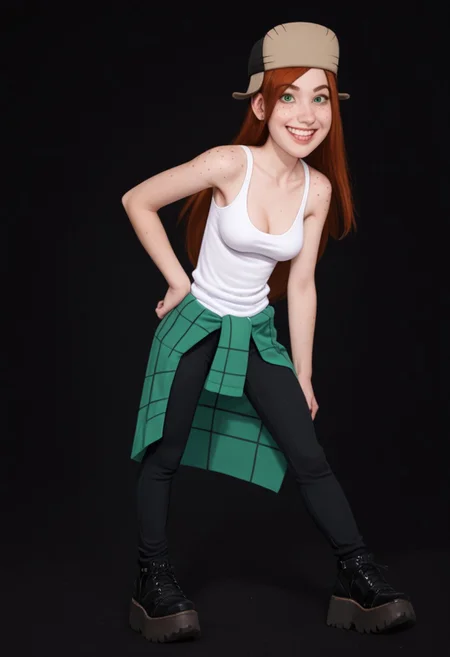 score_9, score_8_up, score_7_up, (ultra HD quality details),
dark background,
standing, posing for photo, looking at viewer,
1girl, Wendy, medium breasts,
purple eyes, cute nose,
long red hair, hat,
green eyes, white sclera,
freckles,
long thin legs,
white tank top, jewelry, sweater around waist, black pants,
black platform shoes,
timid smile,