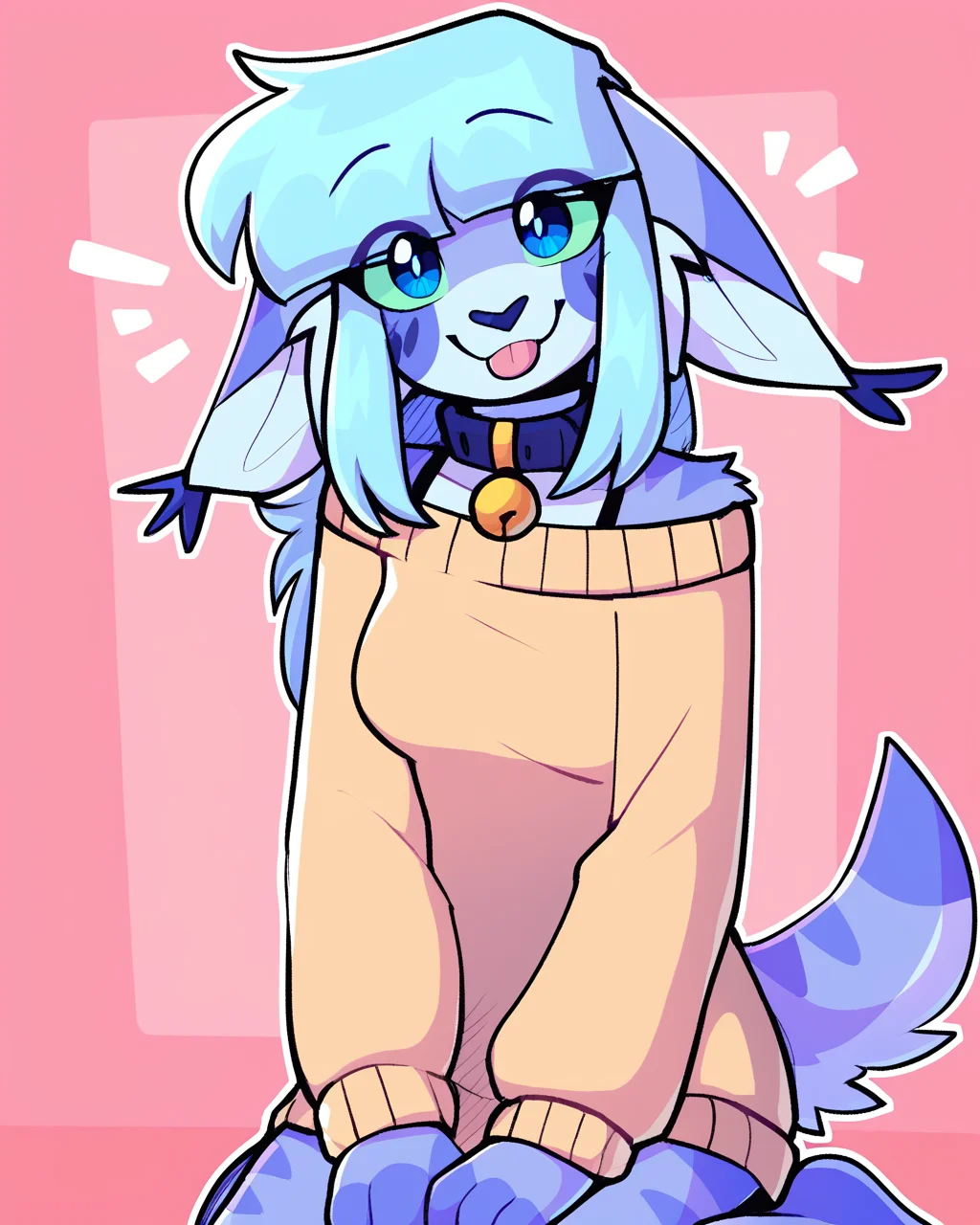 score_9_up, score_8_up, score_7_up, score_6_up, by remanedur, furry female, floppy ears, by remanedur, sweater only, sidelocks, female, furry, blue eyes, bell collar, blue hair, oversized sweater, off shoulder sweater, tail, medium breasts, bra strap, looking at viewer, head tilt, solo, happy, tongue out, blep, kneeling, gesture, three-quarter view, simple background, white outline, <lora:Leah_Pines(AIM)_XL_v1:0.15> <lora:PDXL_artist_tags_v2_big:0.5> <lora:The-Minuscule-Task_PDXL_v1.0:0.6> <lora:Lenix_lenix_tt:0.7>
