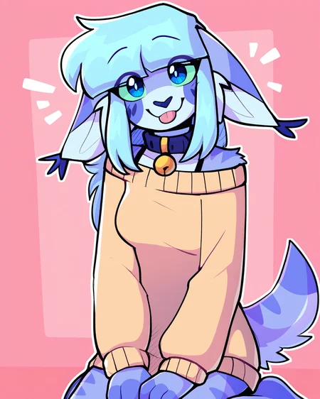score_9_up, score_8_up, score_7_up, score_6_up, by remanedur, furry female, floppy ears, by remanedur, sweater only, sidelocks, female, furry, blue eyes, bell collar, blue hair, oversized sweater, off shoulder sweater, tail, medium breasts, bra strap, looking at viewer, head tilt, solo, happy, tongue out, blep, kneeling, gesture, three-quarter view, simple background, white outline, <lora:Leah_Pines(AIM)_XL_v1:0.15> <lora:PDXL_artist_tags_v2_big:0.5> <lora:The-Minuscule-Task_PDXL_v1.0:0.6> <lora:Lenix_lenix_tt:0.7>