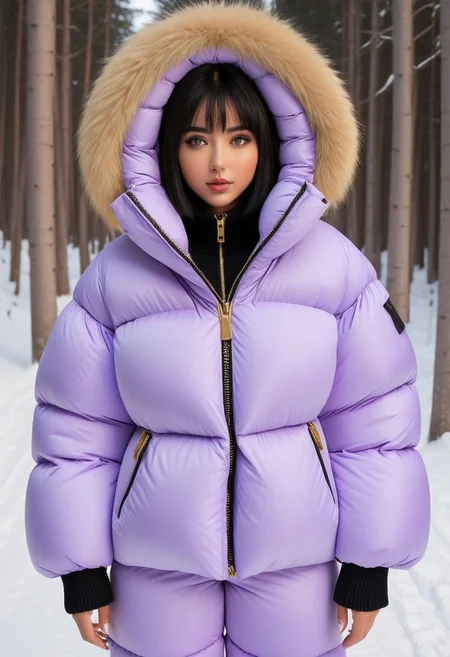 ((((puffer padded jacket)))), ((((puffer padded coat)))), ((((full body)))), ((((fur boots)))), ((((puffer pants)))), ((((puffer hood up)))), winter, snow, forest, 1girl, solo, (masterpiece), detailed face, detailed eyes, (beautiful detailed eyes:1.5), sidelighting, (super detail, hyper detail, intricate_details, detailed), (semi realistic:1.6), (Bob cut), blunt bangs,(black hair), (purple eyes, eyelashs), smug smile, angry face, Golden jewelery, golden rings, golden necklace, golden armlets, padded cuffs, padded collar, Thick padded cuffs, Thick padded collar, <lora:Collar-SDXL:0.6>, <lora:Cuffs-SDXL:0.6>, <lora:Puffer_Jacket_and_Down_Jacket_-_Extra_Puffy_Jackets:0.4>, <lora:snowpants_v1:0.4>