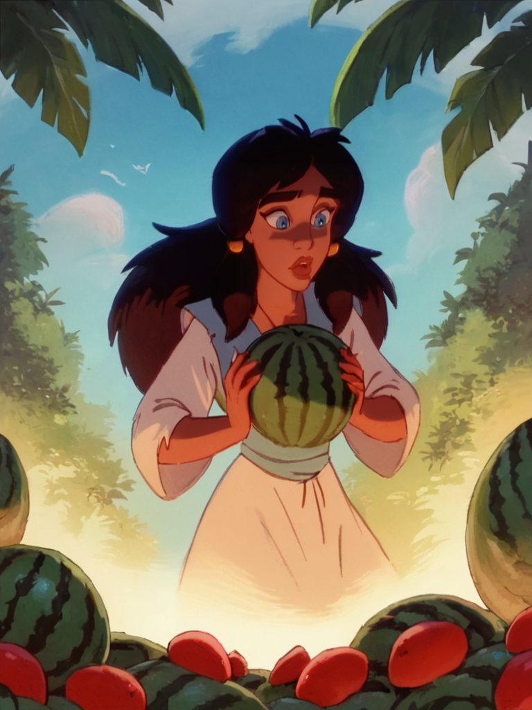 score_9, score_8_up, score_8, score_7_up, volumetric lighting, sadira, 1girl, solo, long hair, blue eyes, black hair, food, dark skin, dark-skinned female, fruit, watermelon, <lora:aladdin_pony_v1:0.9>