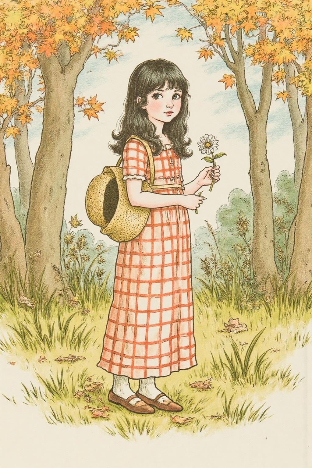 kategreenaway1 illustration. 
jessiewillcoxsmith. A girl standing in a natural setting surrounded by autumn foliage. She has dark long hair, and is wearing a checkered dress and is carrying a straw hat on her back, holding a small white flower. She is looking directly at the viewer. The ground is covered with fallen leaves and tall grasses. The sky is partly cloudy. 
  <lora:kategreenaway1_f16e6:1.0><lora:870950056788783871:0>