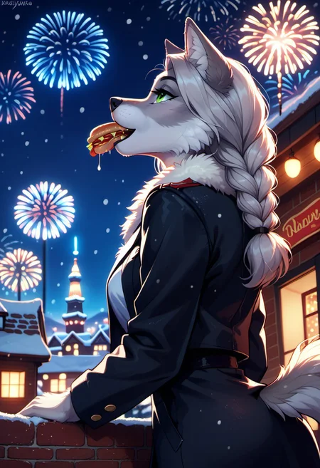 (eating a hotdog), score_9, score_8_up, score_7_up, highres, high quality, perfection, masterpiece, detailed,
1girl, solo, (((side view))), ((from behind)), head in right corner, ((focus hotdog)),
winter, starry night, midnight, fireworks, new year, celebration, snow, snowing, snowfall, rooftop, city, city_lights, cityscape, scenery,
furry female, (anthro wolf girl: 1.2), detailed fur, gray fur, fluffy fur, white cheeks, long snout, light gray hair, long hair, light gray twin braids, green eyes, beautiful girl, adult, detailed face, beautiful face, eyelashes, perfect eyes, detailed eyes, green eyes, medium breasts,
elegant dress, fancy fur coat, open coat,
sitting on rooftop, smile, happy, (((looking up, looking at sky, from below,))) , ((close up face in right corner)), focus at hotdog, focus food, ravenous expression, in Ahw-expression, open mouth, drool, from behind, only head, Rembrandt Lighting style, shadow, partially covered in shadow, Rembrandt shadow style, nose shadow, Fireworks,feast,fun,fireworks background, lit up face, Fireworks,feast,fun,fireworks background
fluffy_new_year,
