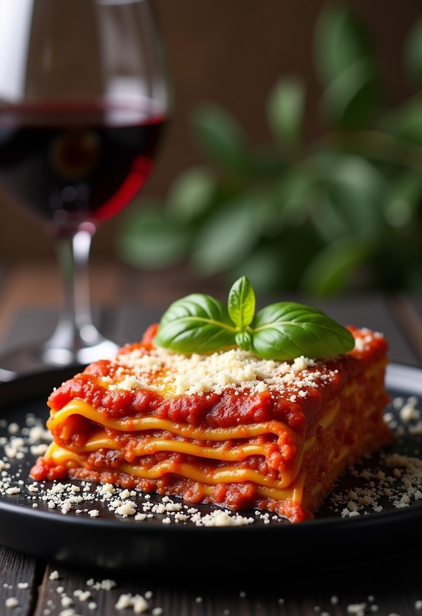 A perfect piece of Lasagna bolognese, rich red sauce, steaming slightly, beautiful melted cheese, top covered in flakes of parmesan, a few bright green fresh basi leaves on top, on a black plate, a half filled glass of red wine on the left, peaceful background, relaxing atmosphere,
Photorealistic, Highly detailed, masterpiece, 4k, high resulution, great lighting,