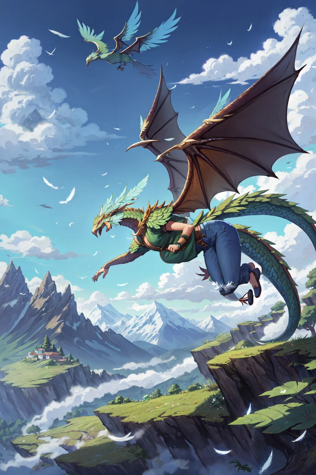 LoL Style, 1boy, bird, blue sky, cloud, day, denim, dragon, feathers, flying, glowing, jeans, leaf, mountain, outdoors, pants, sky, tree, wings, <lora:LeagueStyles:0.8>