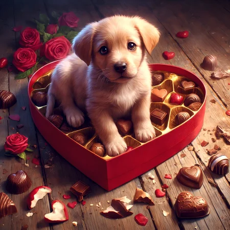 Digital fantasy art. A guilty puppy looks up at the viewer, sitting on top of a heart-shaped box of chocolates. Partially eaten chocolates and crumbs are scattered around. <lora:Hyper-SDXL-4steps-lora:1.0>
