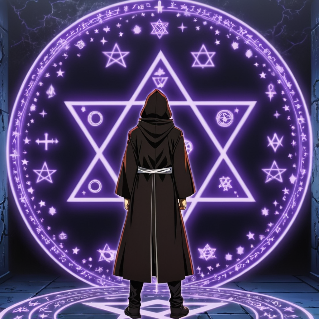 anime artwork of  <lora:Bible Black style:1>
a person standing in front of a wall with a magical circle of symbols,solo,1boy,male focus,hood,english text,cross,robe,magic circle,pentagram,hexagram eroge,anime,manga,nsfw,cartoon,Adult animation,explicit,Original video animation, Baiburu Burakku style, Bible Black style, black magic, rituals, demons, dark fantasy, Magic circle, anime style, key visual, vibrant, studio anime,  highly detailed