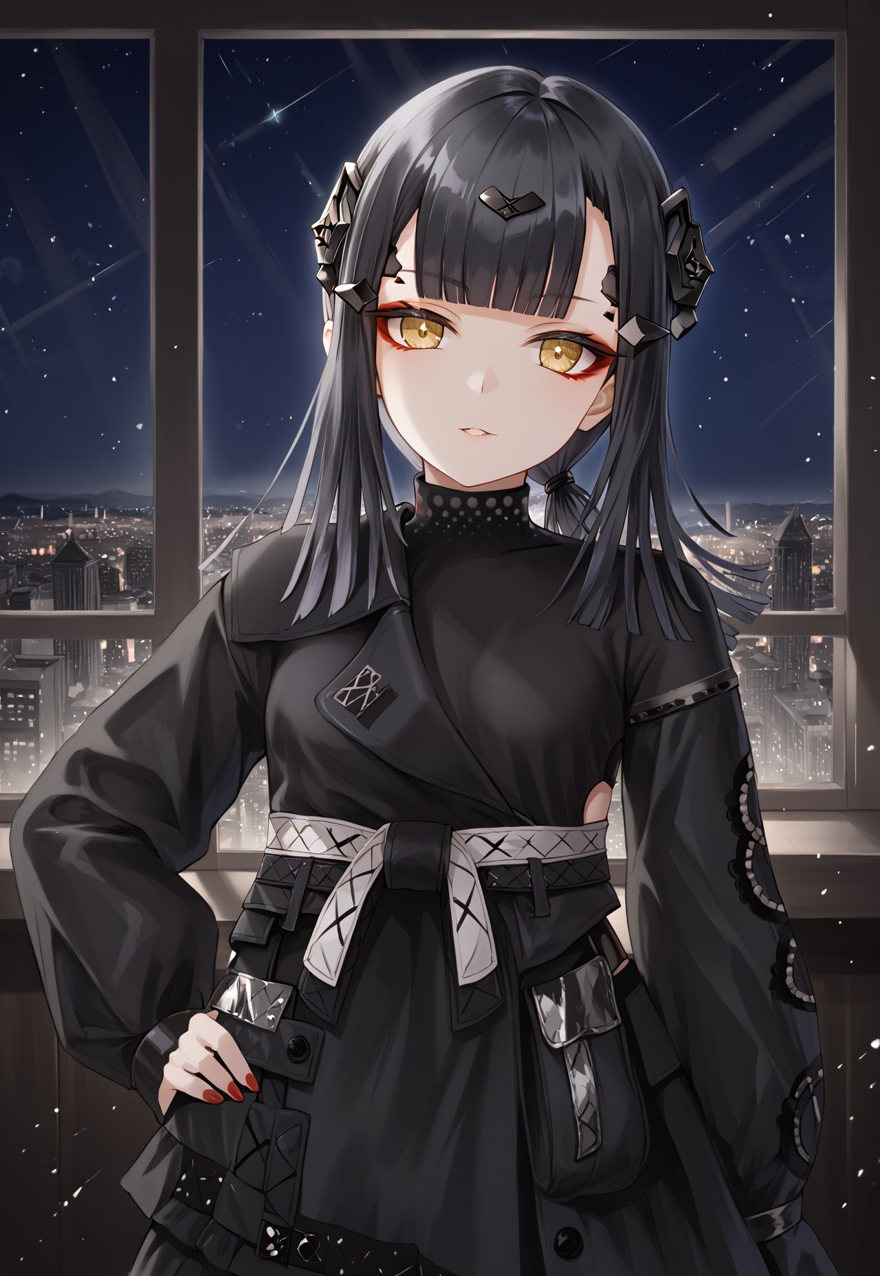 Mercurows, black hair, blunt bangs, long hair, black dress, long sleeves, sleeves past wrists, hair ornament, headgear, sleeves past fingers, yellow eyes, small breasts, red eyeliner, silver sash, ponytail,

looking at viewer, head tilt, hand on own hip,
 
window, city, cityscape, dark, night, night sky,

1girl, solo, solo focus, highres, absurdres, light particles, shade, lens flare, shiny skin, fine fabric emphasis,