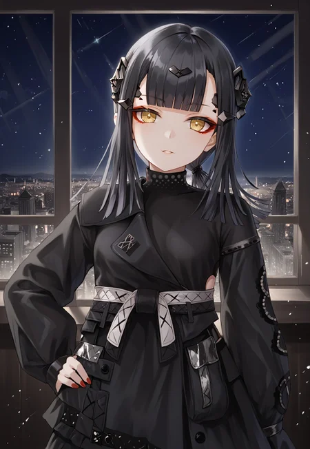 Mercurows, black hair, blunt bangs, long hair, black dress, long sleeves, sleeves past wrists, hair ornament, headgear, sleeves past fingers, yellow eyes, small breasts, red eyeliner, silver sash, ponytail,
looking at viewer, head tilt, hand on own hip,
window, city, cityscape, dark, night, night sky,
1girl, solo, solo focus, highres, absurdres, light particles, shade, lens flare, shiny skin, fine fabric emphasis,