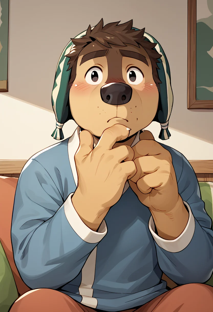 score_9, score_8_up, score_7_up, best quality, hires BREAK solo, black eyes, dog, rock dog, male focus, 1boy, furry, messed hair, blush, hand on chin, thinking, room, <lora:Bodi_Rock_Dog:1>, <lora:add-detail-xl:1>