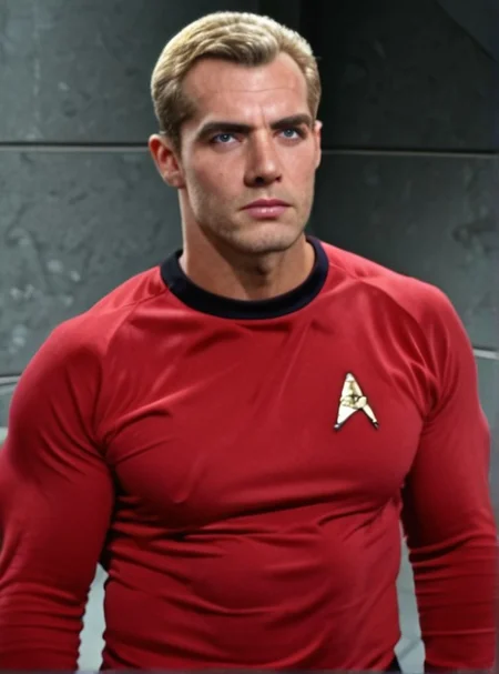 Handsome, masculine, blonde, star trek, red shirt, muscle, tall, tight shirt, wide pectorals, big shoulders, wide shoulders, muscular neck, German, stunf, star trek uniform,