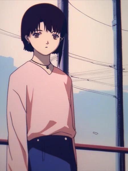 score_9, score_8_up, score_7_up, source_anime, rating_safe, uncensored, <lora:Lain_PonyXLv3:1> 1girl, Lain, solo, single earring, necklace, pink shirt, long sleeves, blue skirt,
