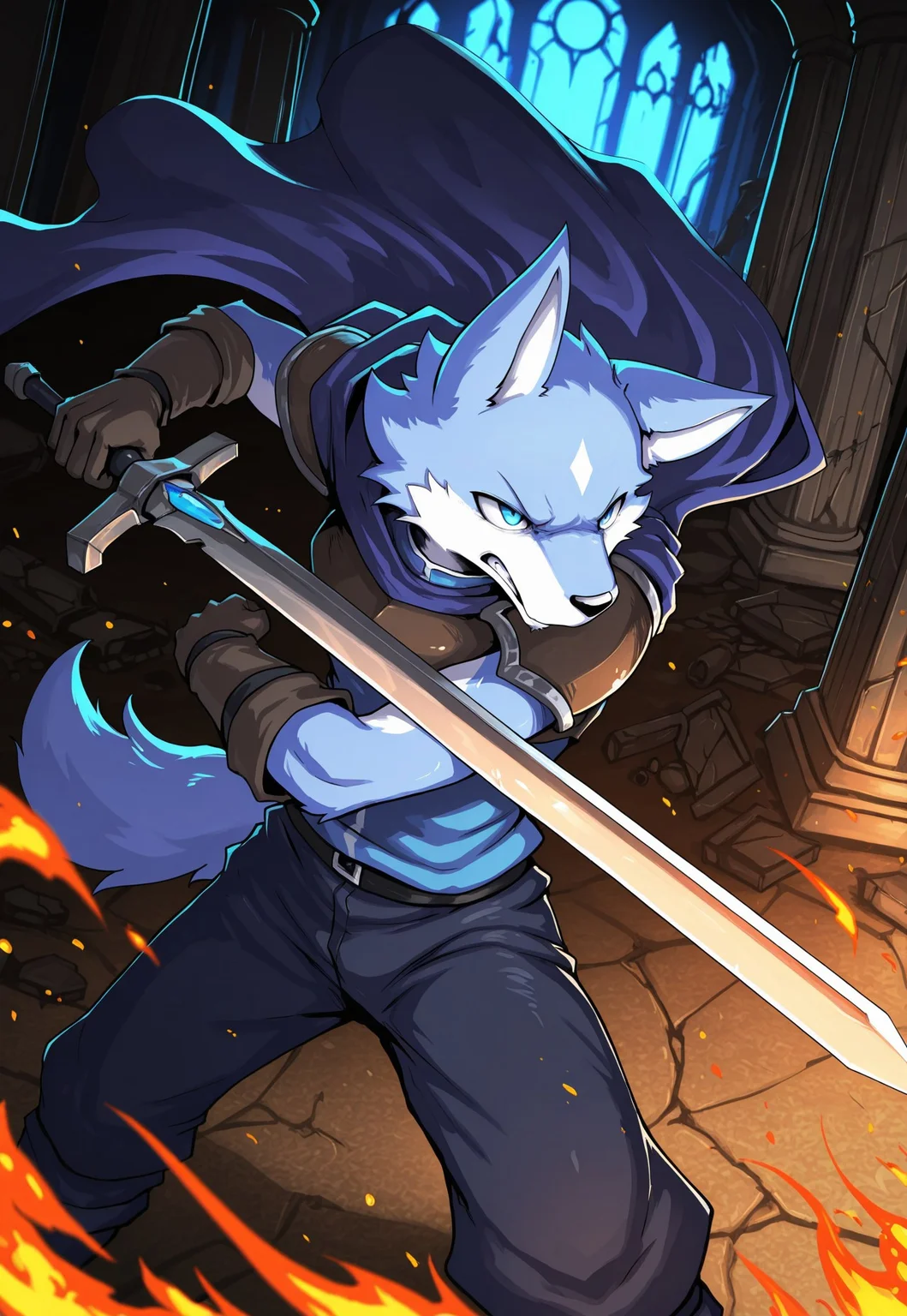 masterpiece, best quality, amazing quality, highly detailed, ultra highres, cinematic lighting, dramatic lighting, epic composition, intense atmosphere, fantasy style, dark fantasy, ultra detailed background, depth of field, source furry, nurinaki_comic, furry male, furry, violet blue fur, 1boy, solo, wolf boy, blue eyes, yaoi, tail, shoulder armor, pants, cape, holding sword, indoors, ancient ruins, serious pose, fighting pose, panic, dark, from above, dramatic, face close-up, clenched teeth, backlight, rim light, god rays, fire embers, tattered cape, ominous glow